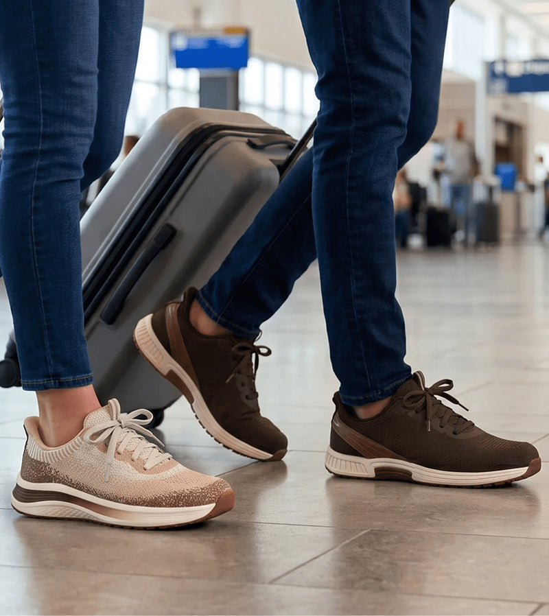 Travelling Shoes: Two people walking through an airport terminal, wearing the Women's Nira Hands-Free - Taupe/Nutmeg (SKU: 80089, left) and 
Men's Yari Hands-Free - Brown (SKU: 20034, right) sneakers.