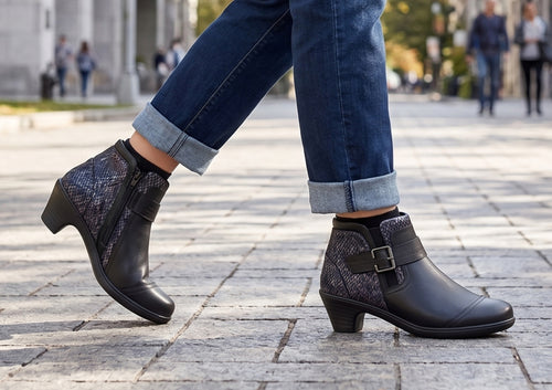 Women's Emma Low Heel Orthopedic Boots in Black/White Snake