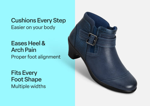 ladies navy blue dress boots Women's Outfit: Floral Swing Dress, Teal Suede Ankle Boots, Purple Leather Crossbody Bag slip recycled rubber outsole 2.5 cm / 1.0 heel height 13 cm / 5.1 shaft height Consciously handcrafted in Europe All taxes included in the price Materials OrthoFeet Emma Supportive Comfort Women's