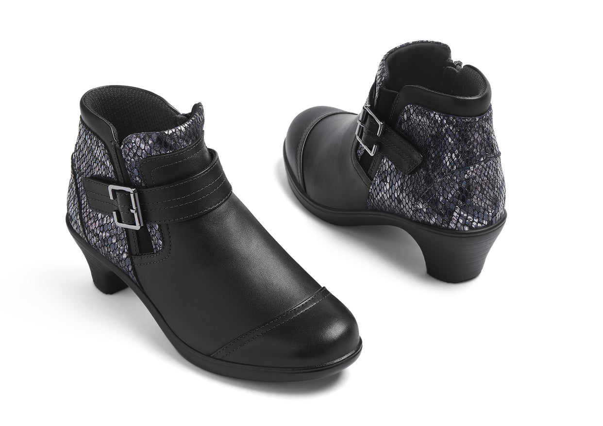 Women's Emma Low Heel Orthopedic Boots in Black/White Snake